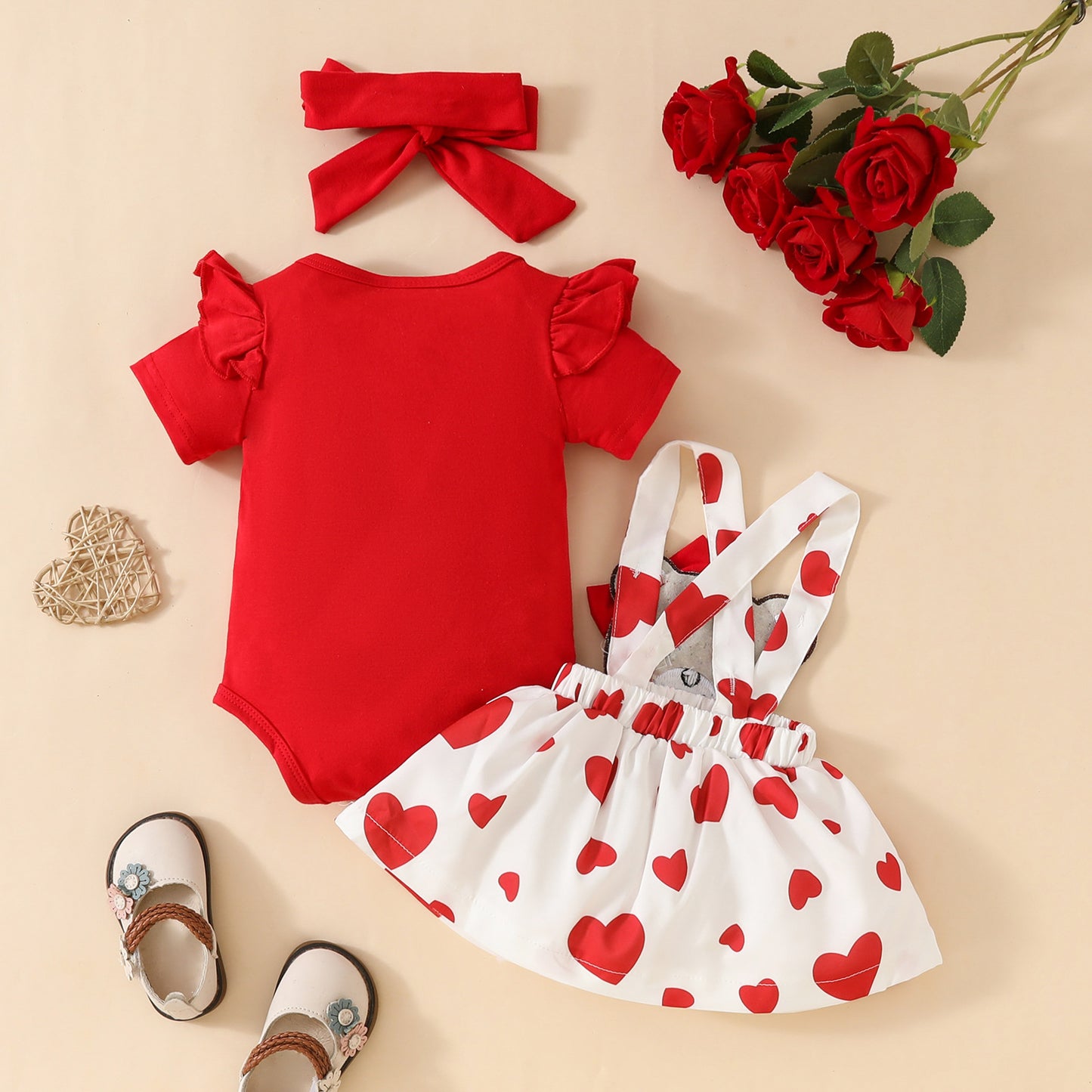 Cute Cartoon Bear Love Solid Color Short Sleeve Top Suspender Children's Suit
