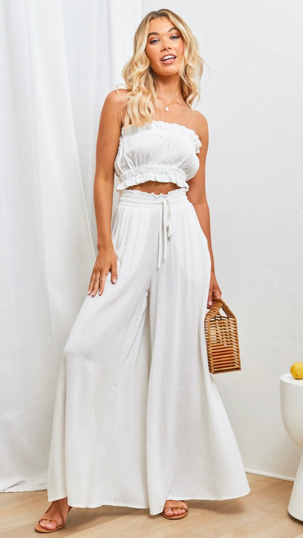 Women's Elastic Waistband Wide Leg High Waist Long Pants