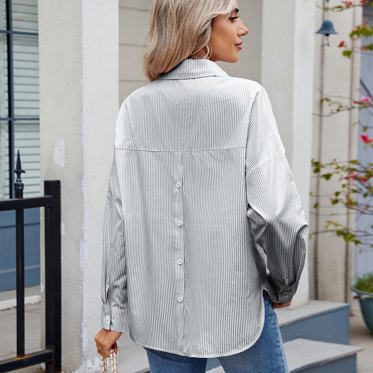 Women's Loose One Breasted Long Sleeve Striped Shirt Blouse