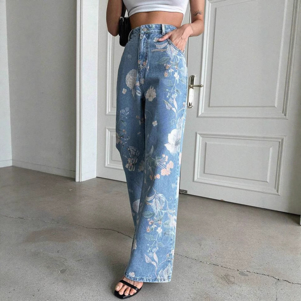 Women's Retro Blue Floral Printed Summer Design High Pants