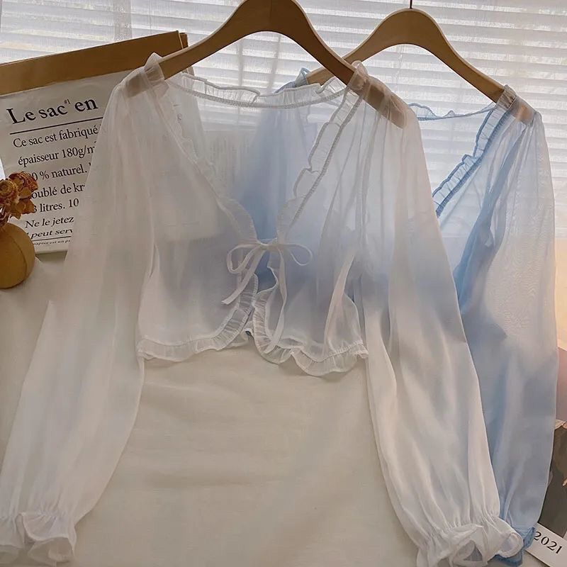 Women's Suspender Small Shawl Outerwear Cover-up Summer Sun Protection Super Lace Shirt, Chiffon Shirt