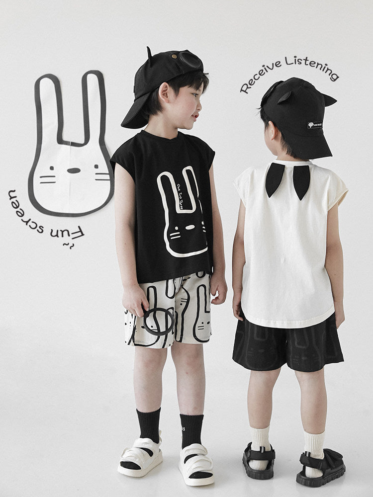Children's Rabbit Embroidered Printed Contrast Color Round Neck Sleeveless Vest Summer Children's T-shirt
