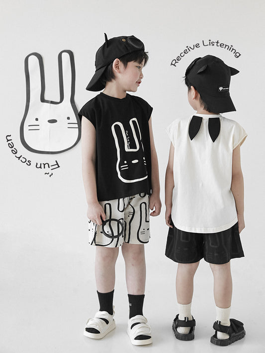 Children's Rabbit Embroidered Printed Contrast Color Round Neck Sleeveless Vest Summer Children's T-shirt