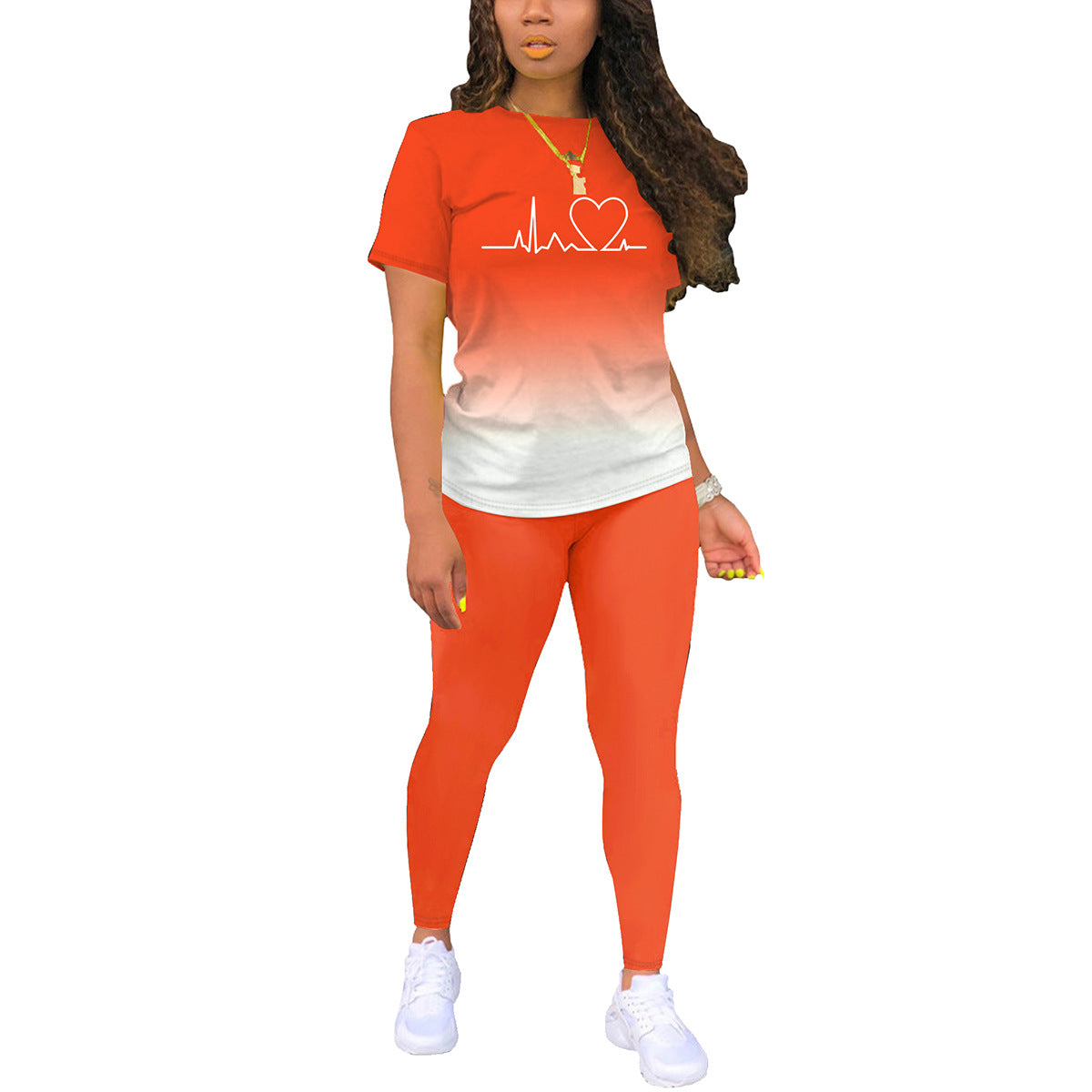 Women's Solid Color Gradient Printing Round Neck Sleeve T-shirt Fashion Casual Suit