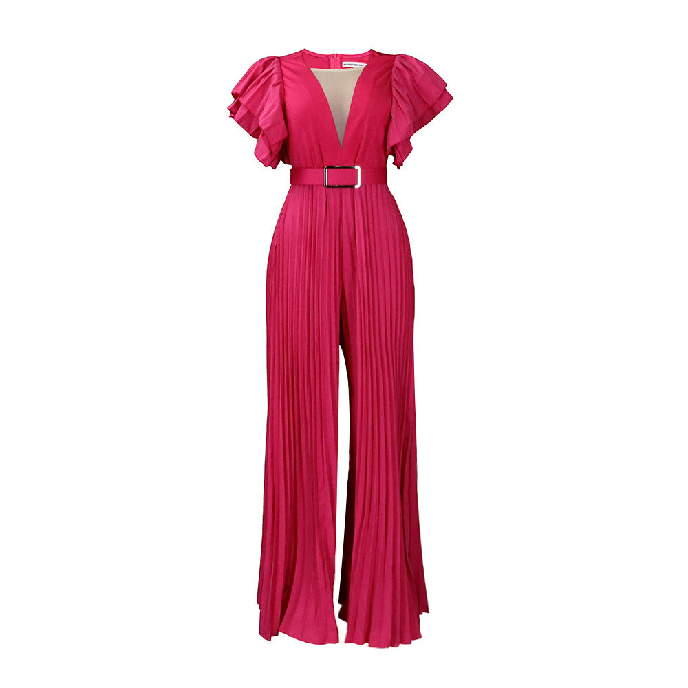 Women's Mesh Sexy Pleated Wide Leg Fitted Jumpsuits