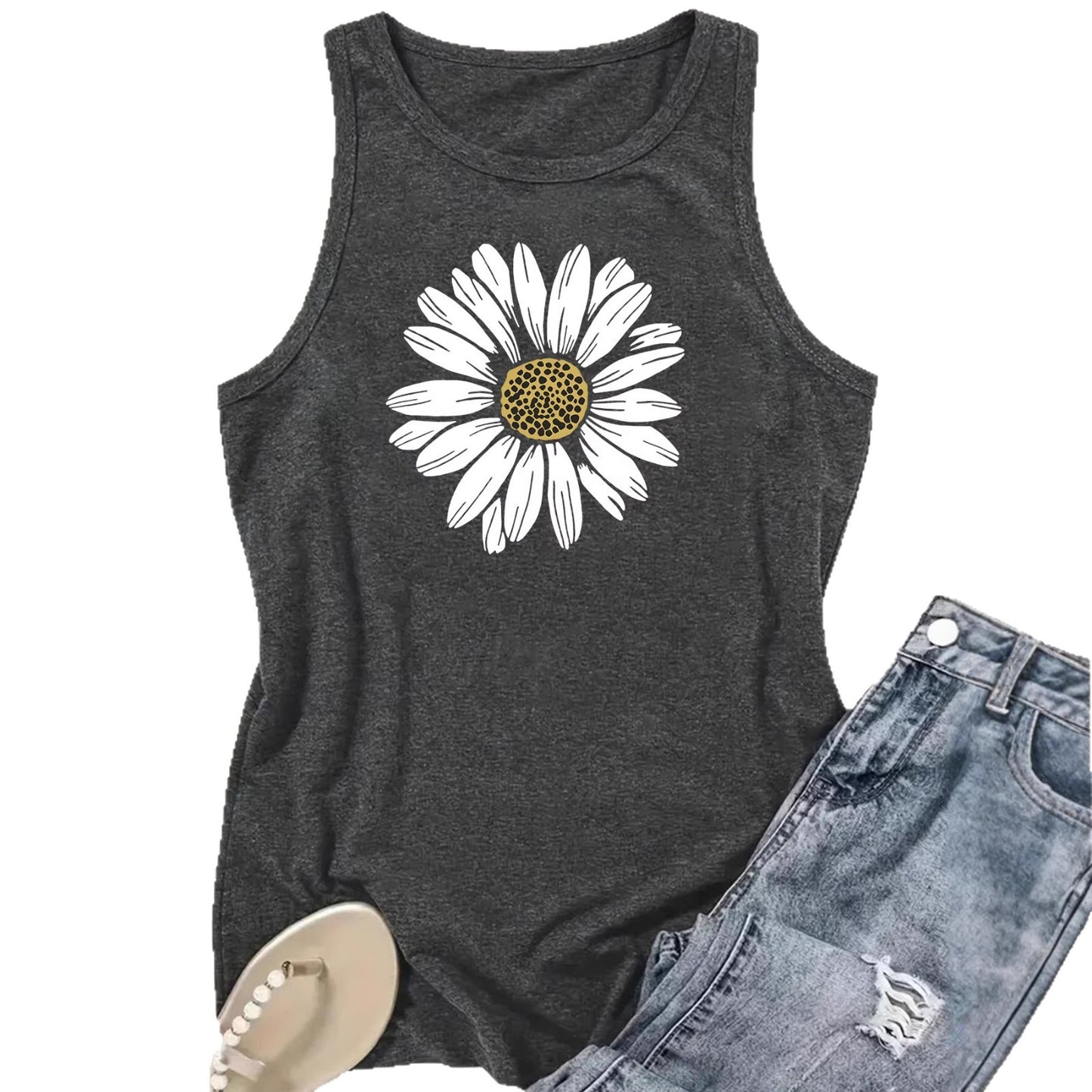 Women's Sleeveless Sunflower Print Loose Comfort Casual Fashion Tops