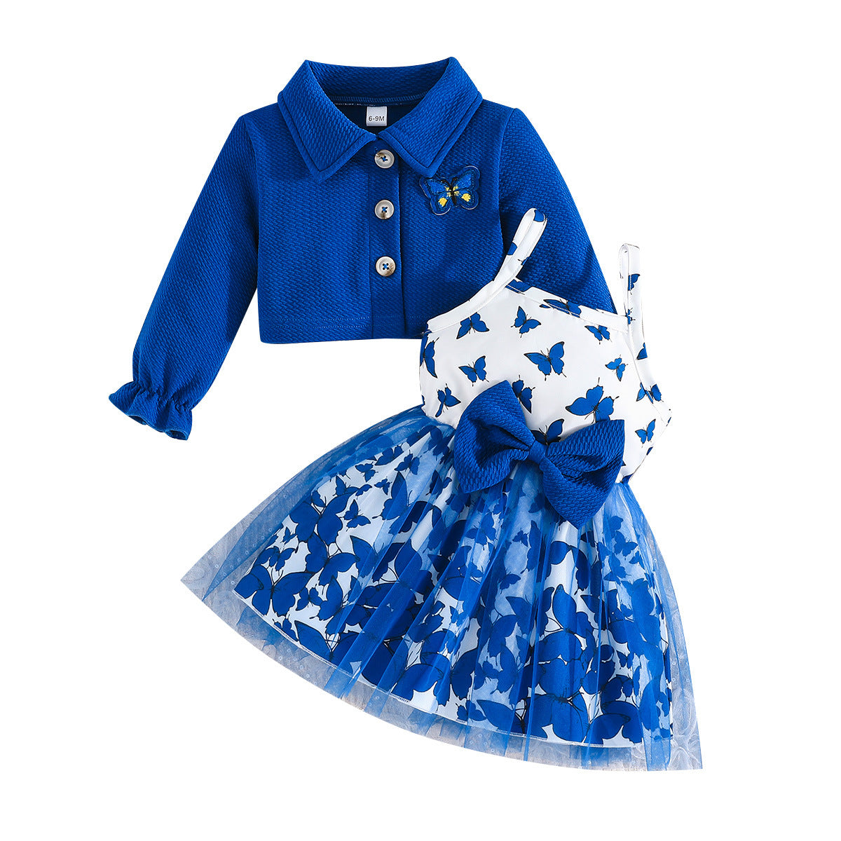 Set Long Sleeve Coat Animal Pattern Printed Bow Tulle Children's Dress
