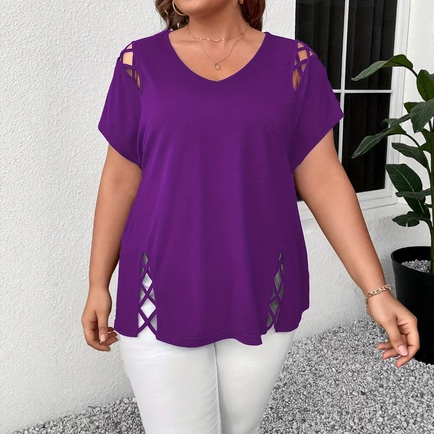 Women's Summer Casual Short-sleeved Shoulder Side Cross Large Size T-shirt