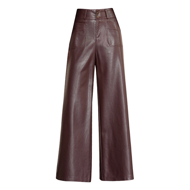 Women's Waist Wide Leg Sheep Leather Loose Trousers Pants
