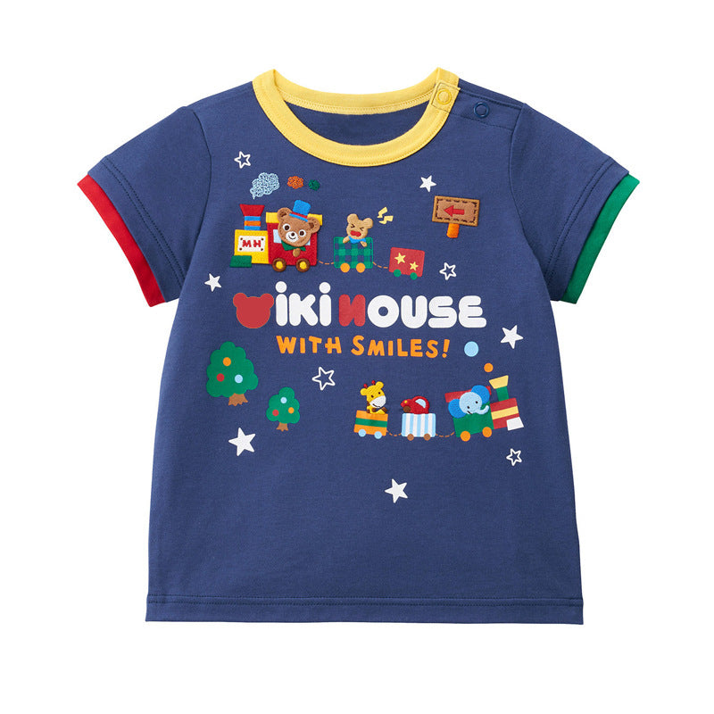 Children's Clothing Boy Cartoon Good Friend Train Bear Embroidery Children's T-shirt