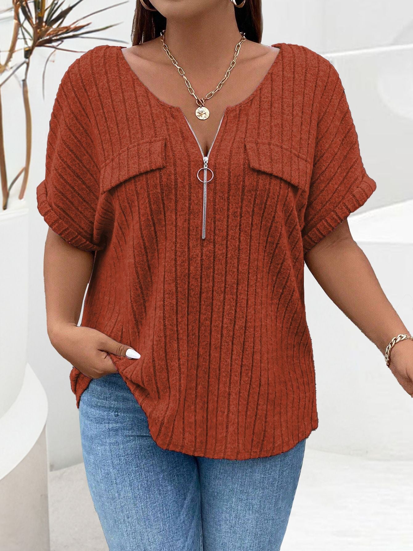 Women's Solid Color Clothes Zipper Sleeve Faux Pocket Pullover Tops