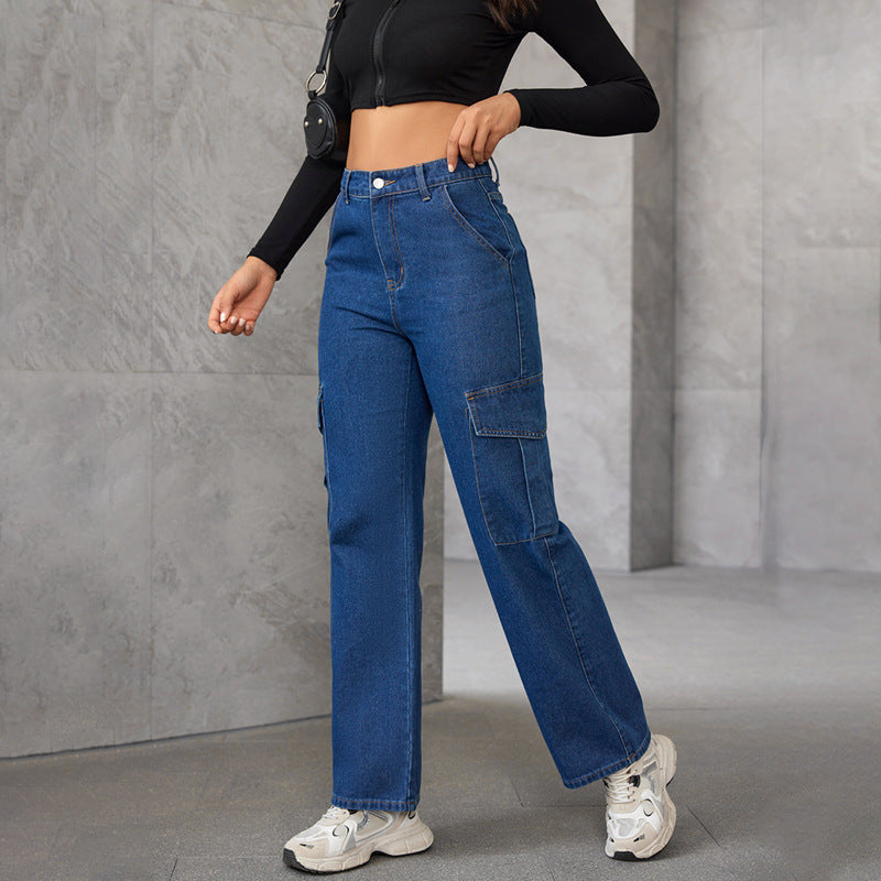 Women's Cargo Washed Loose Design High Waist Slimming Hip Hop Fashionable Jeans