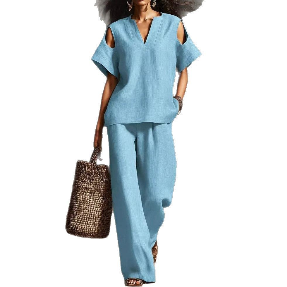 Women's Cotton Linen Solid Color Hole Fashion Casual Suit