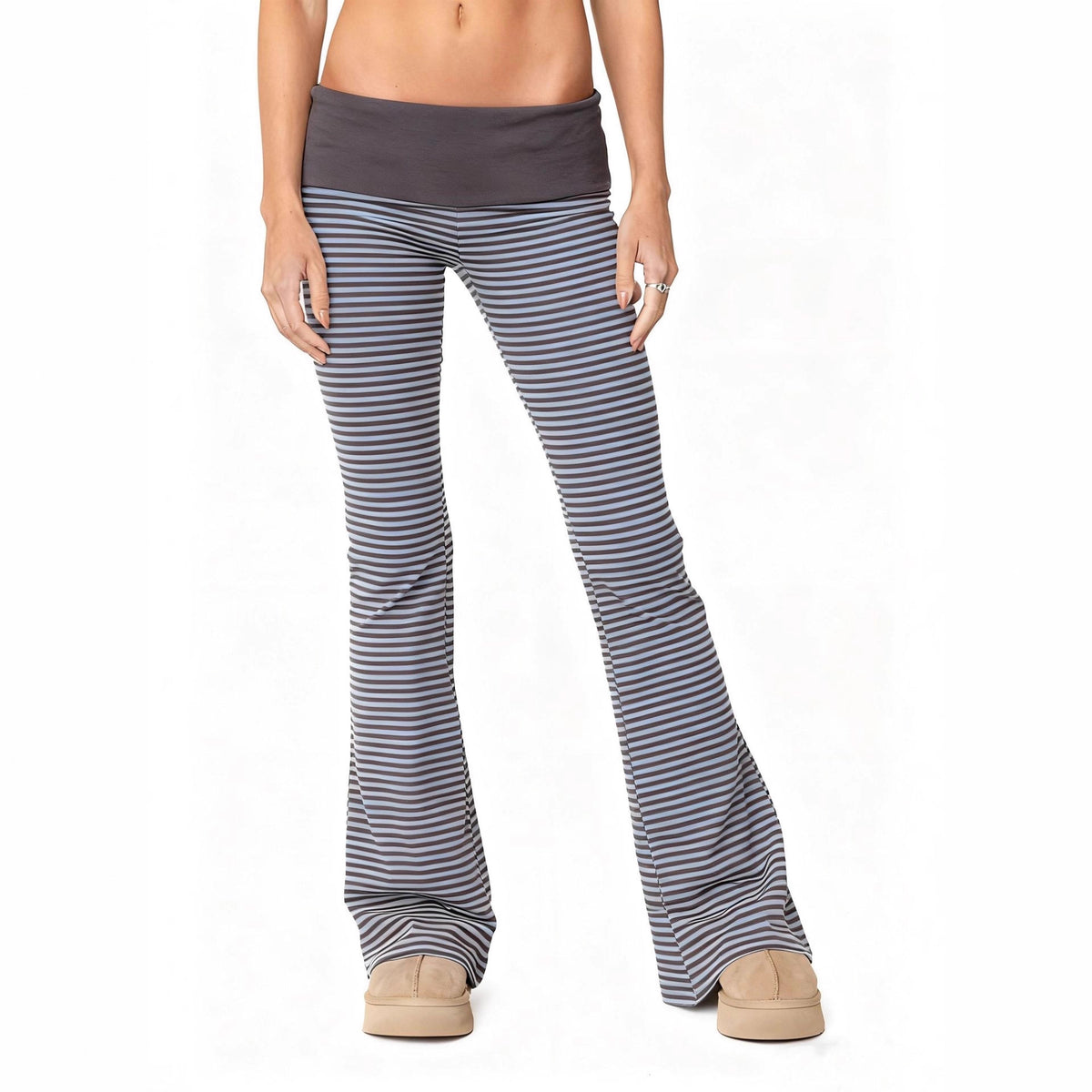 Women's Hot Low Waist Trousers Home Mixed Color Stripe Wide Casual Pants