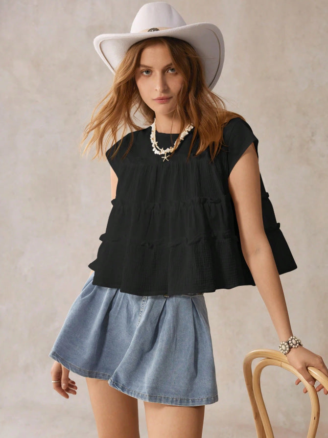 Women's Summer Loose All Cotton Stitching Doll Blouse