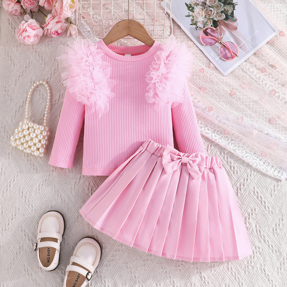 Sweet Multicolor Mesh Sleeves Top Bow Children's Suit
