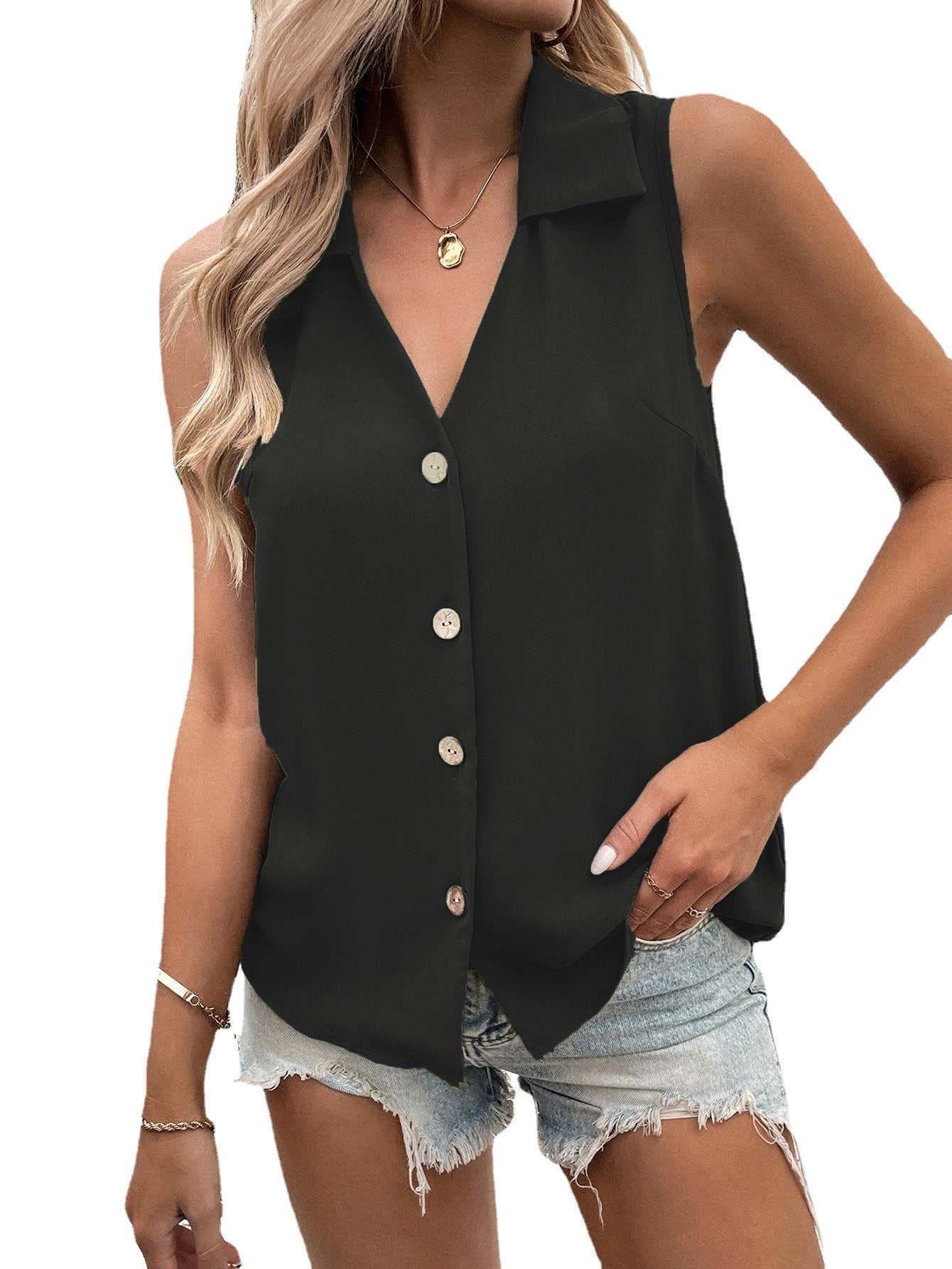 Women's Summer Solid Color Loose Sleeveless Button Clothing