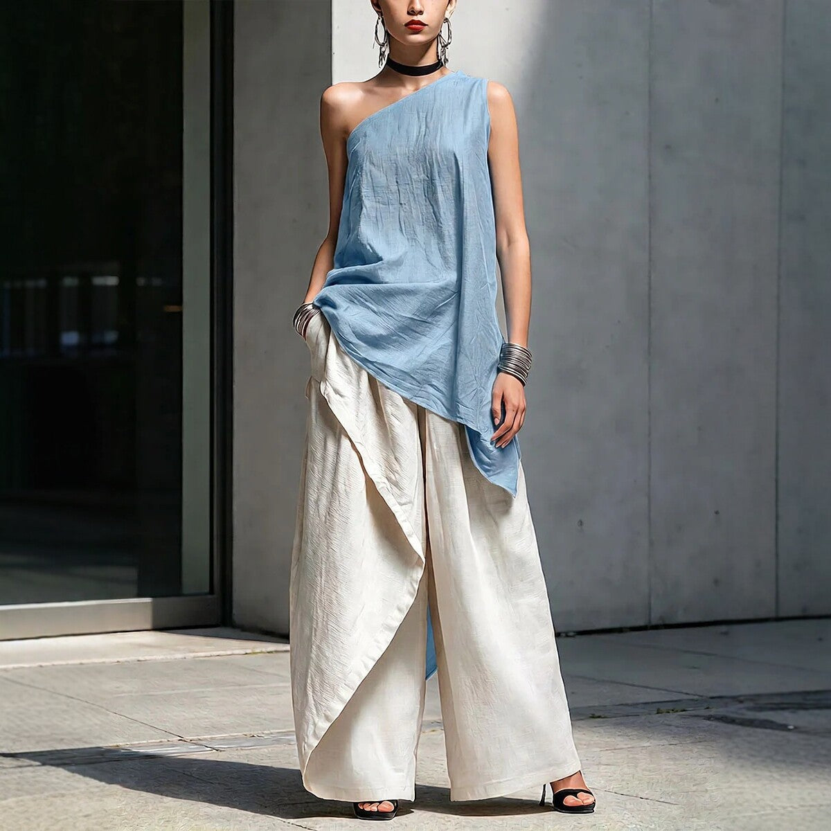 Women's Asymmetric Shoulder Cotton Linen Loose Leisure Tops