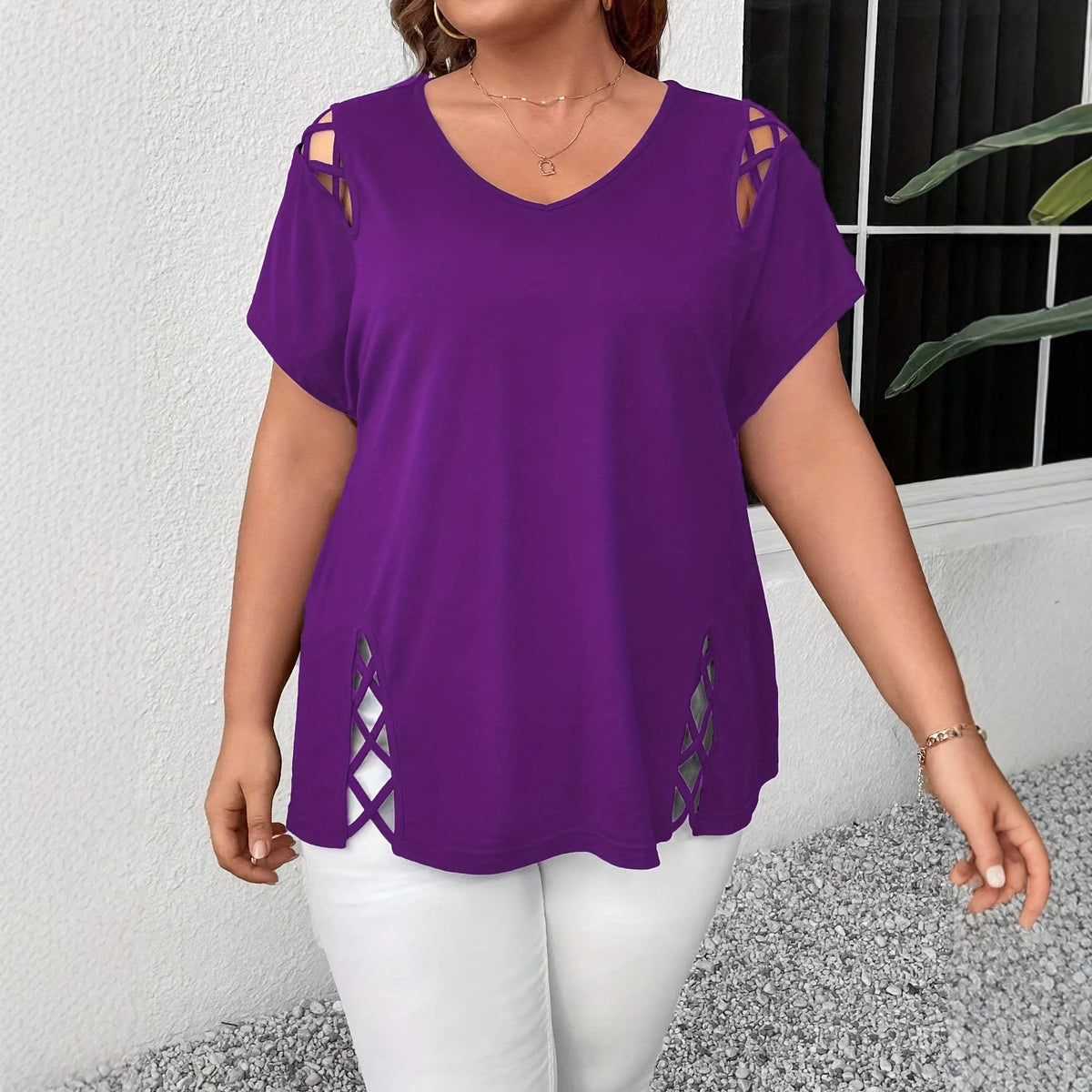 Women's Summer Solid Color Cross Sleeve Slimming Large Size T-shirt
