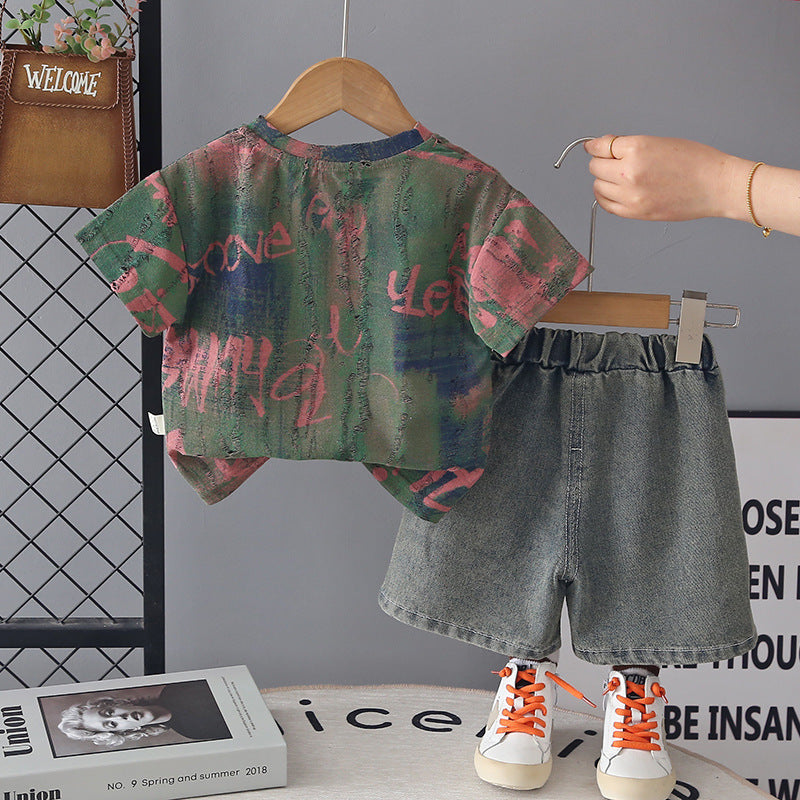 Children's Trendy Clothing Summer Blooming Letters Short-sleeved Handsome Children's Suit