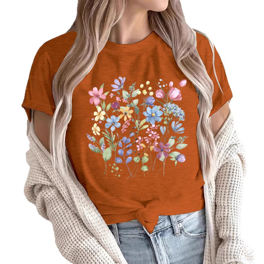 Women's Short-sleeved Floral Printed Summer Cotton Women's T-shirt