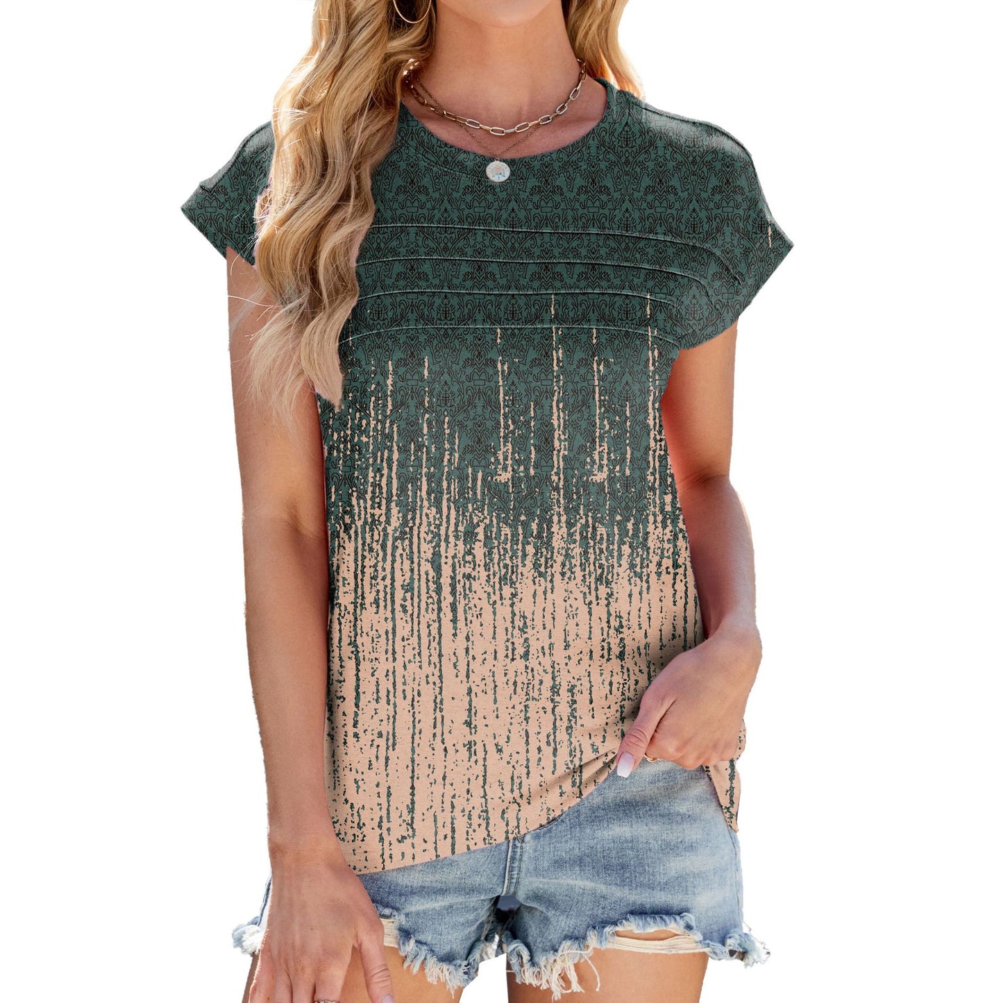 Women's Printed Stripes Round Neck Loose Sleeves Shorts
