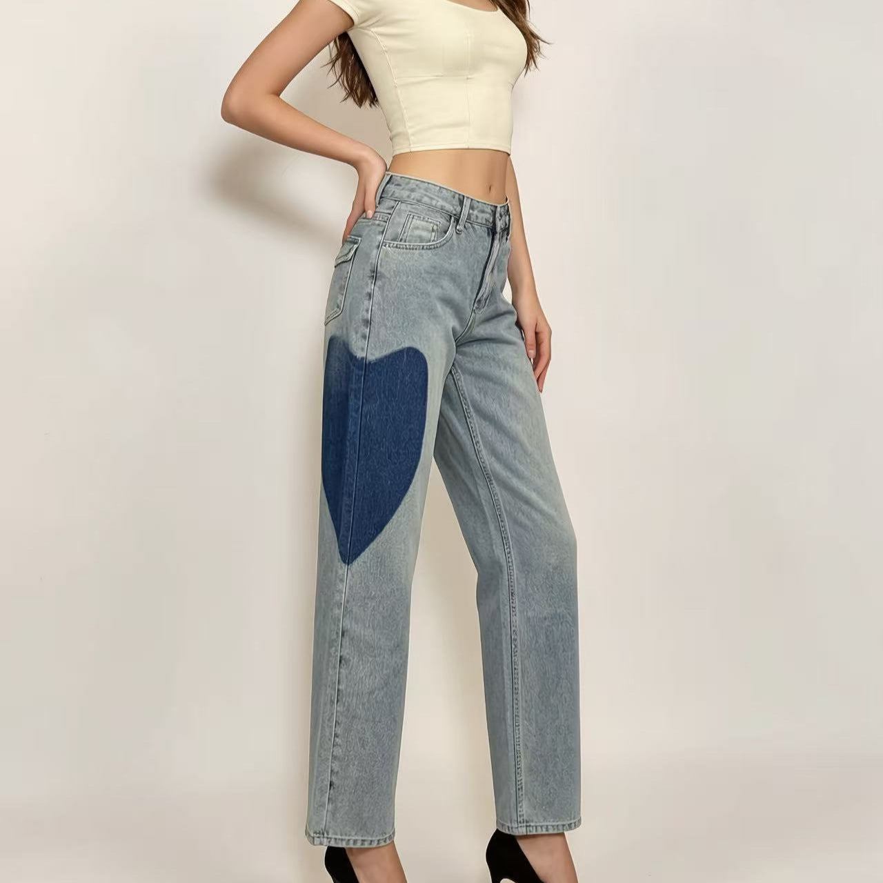 Women's Cool Fashion Unique Stitching Love Design Women's Jeans