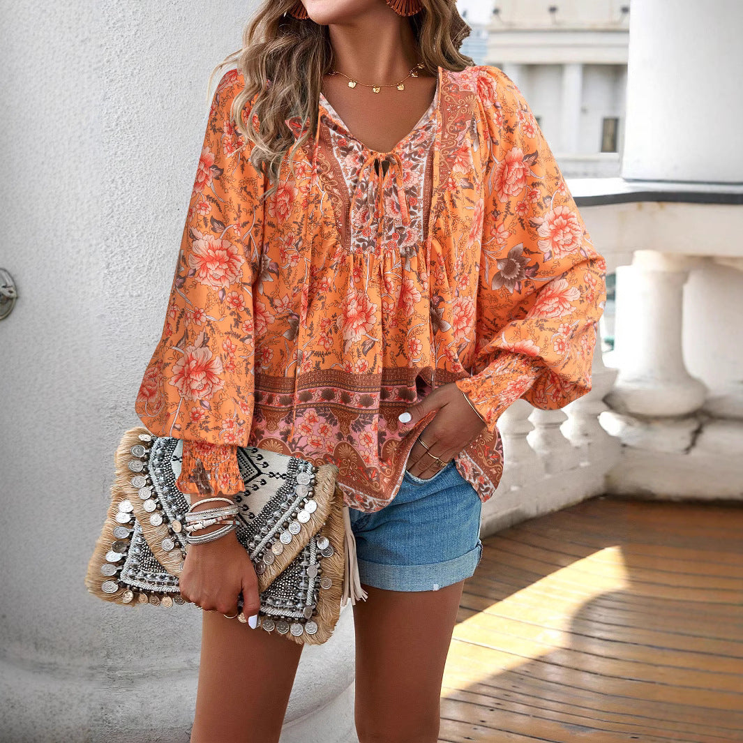 Women's Bohemian Vacation Style Printed Long Sleeve Blouse