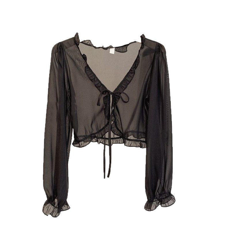 Women's Sun Protection Thin Korean Floral Small Sling Lace Shirt, Chiffon Shirt