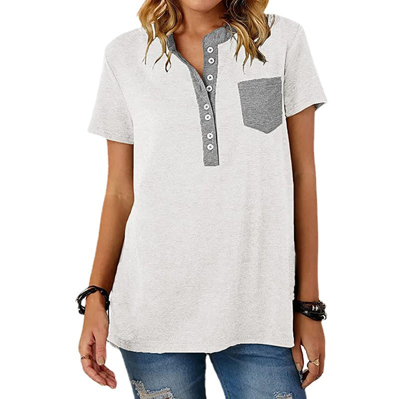 Women's Casual Pocket Stitching Loose Short-sleeved Women's T-shirt