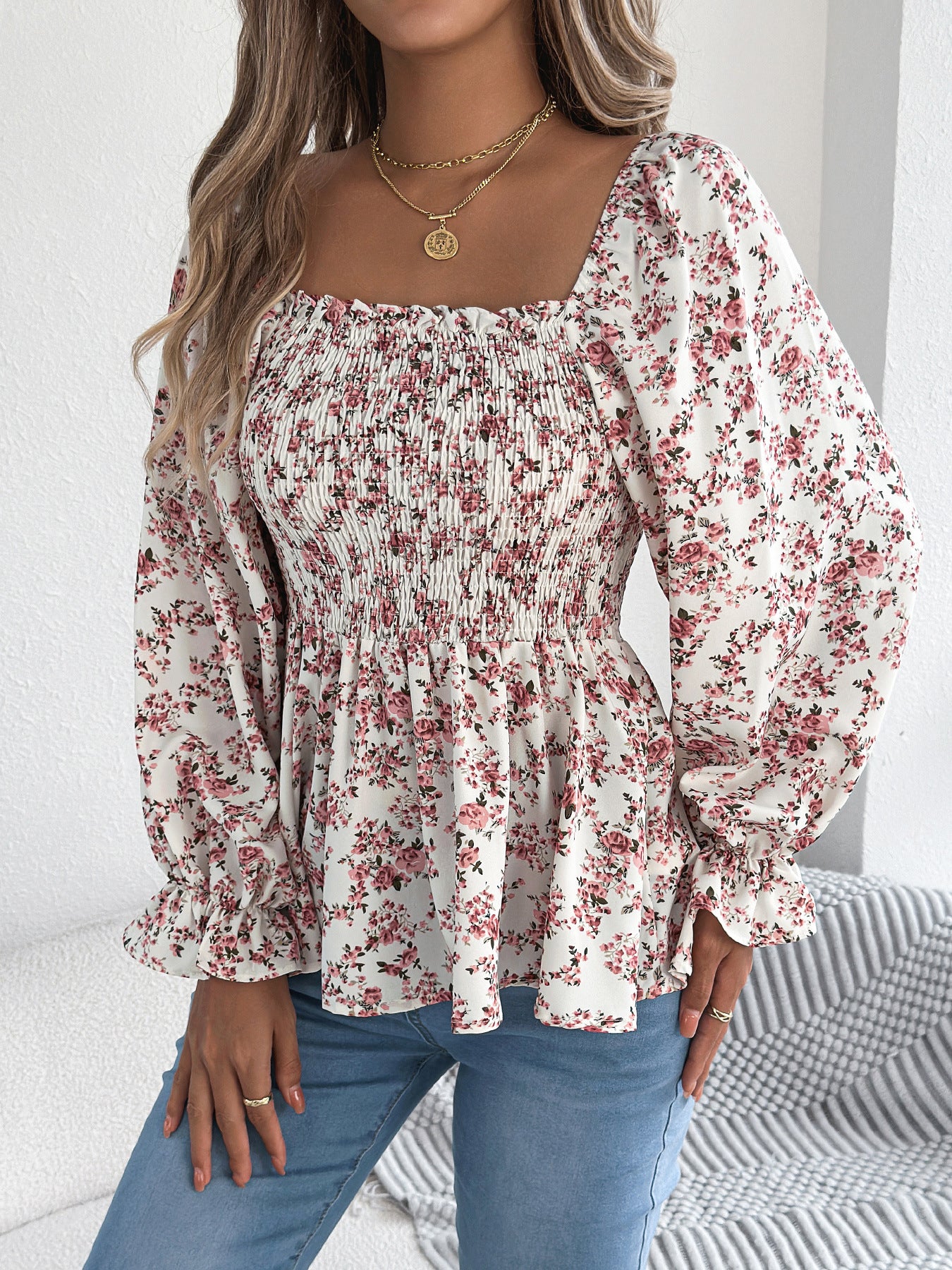 Women's Casual Square Collar Bell Sleeve Floral Blouses