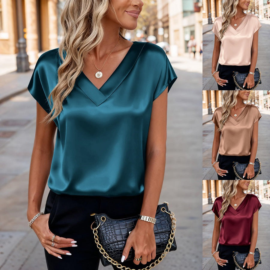 Women's Solid Color Fashionable Satin Short-sleeved Blouse