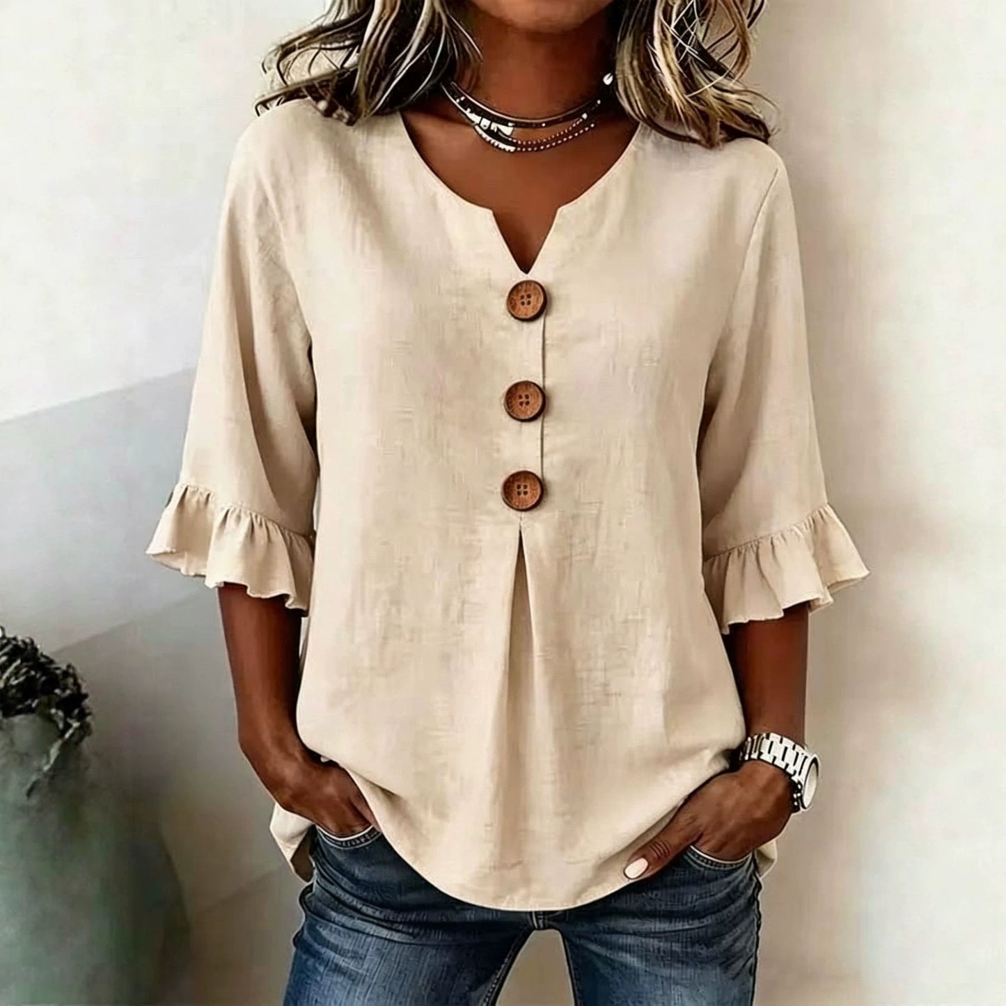Women's Summer Buttons Ruffled Half Sleeves Loose Blouses
