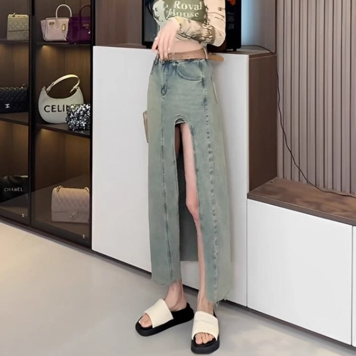 Slit Irregular Female Retro Design Denim Skirt