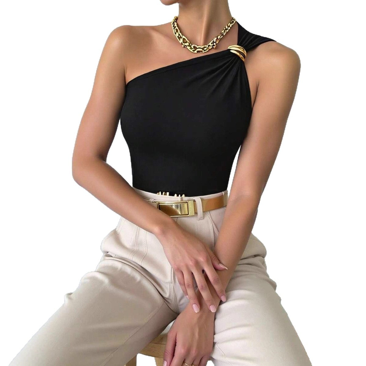Graceful Sleeveless Metal Ring Design Solid Color Small Vest/suspenders/tube Top