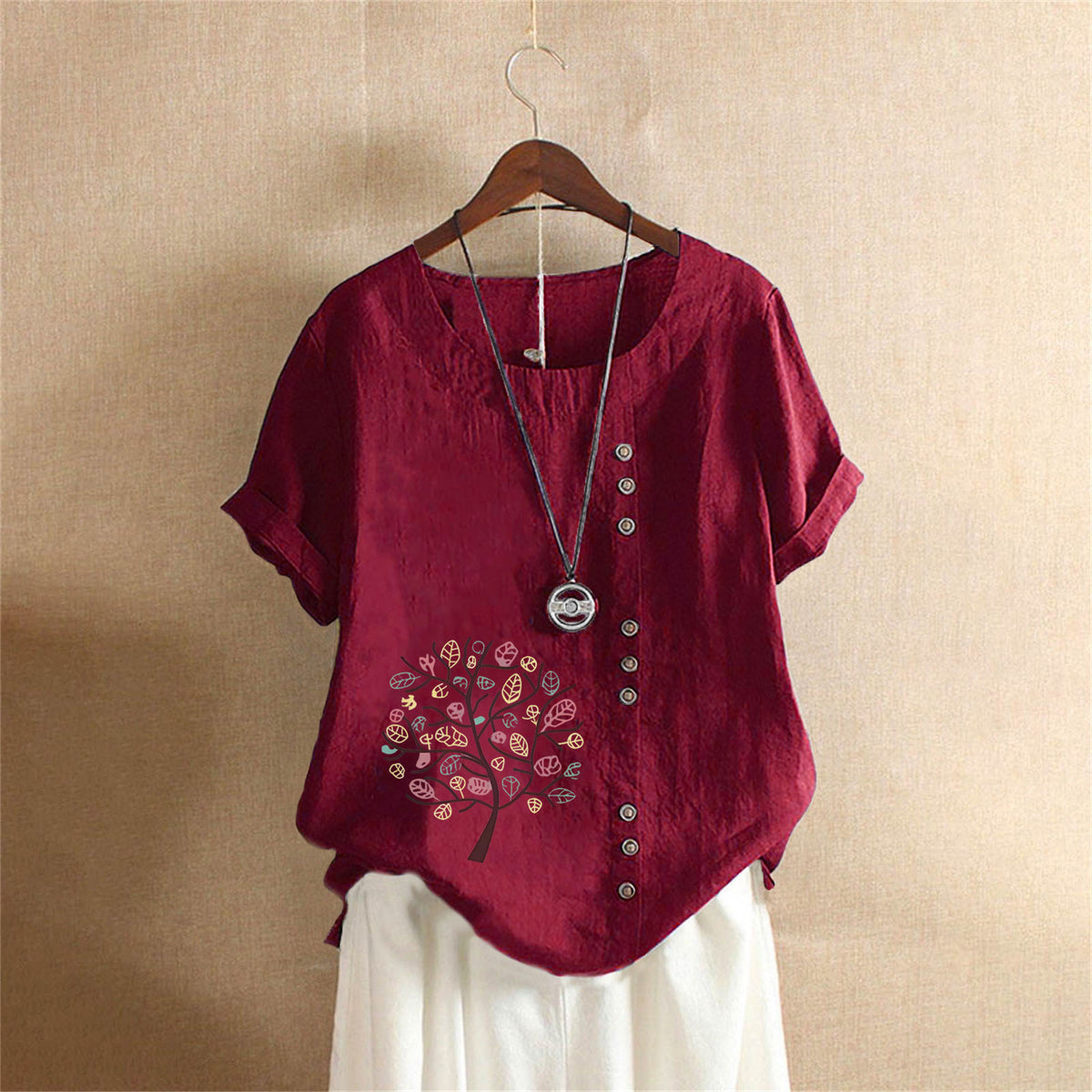 Women's Retro Large Casual Loose Cotton Linen Sleeve Pullover Happiness Women's T-shirt