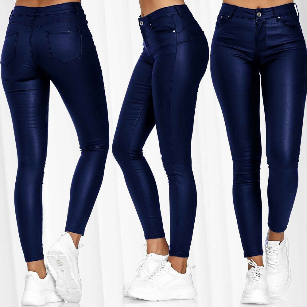 Women's High Waist Pure Color Leather Skinny Casual Pants