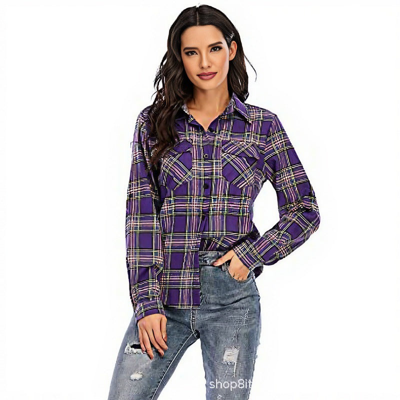 Women's Plaid Shirt Lapel Casual Fashion Double Pocket Long Blouse