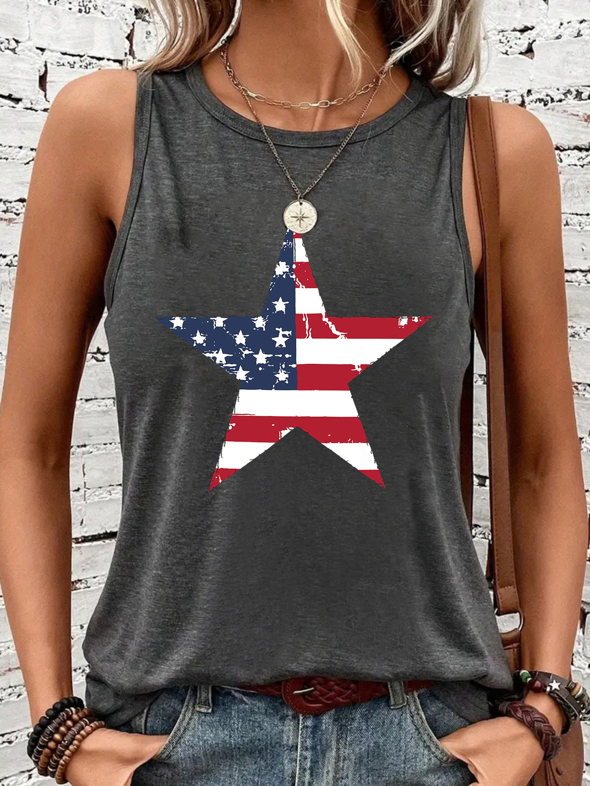 Women's Sleeveless Five-pointed Star Flag Printed Sling Backless Sexy Loose Vests