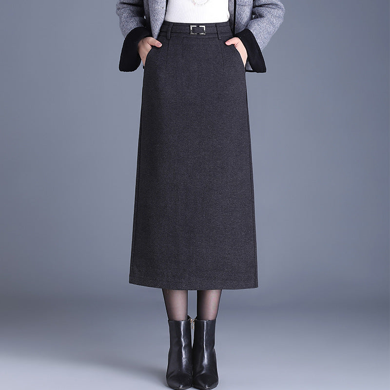 Women's Elegant Woolen Straight High Waist Commuting Figure Flattering Sheath Mid-length Skirt
