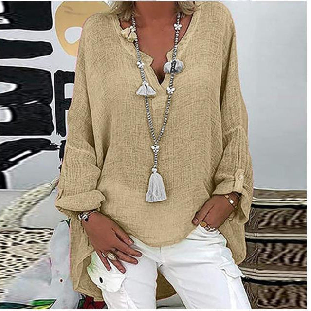 Classy Solid Color Bamboo Linen Shirt Blouse