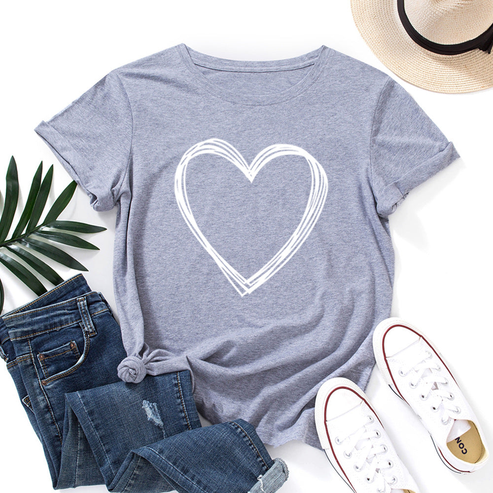 Women's Creative Heart Printed Loose Round Neck Women's T-shirt