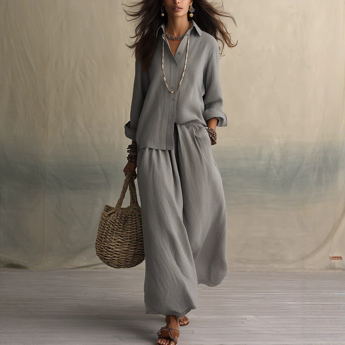 Women's Summer High-grade Shirt Collar Wear Loose Cotton Suits
