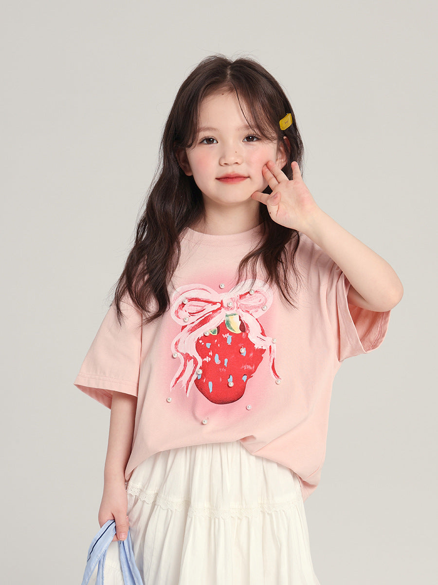 Sweetheart Strawberry Short-sleeved Sweet Pearl Decorative Pullover Children's T-shirt