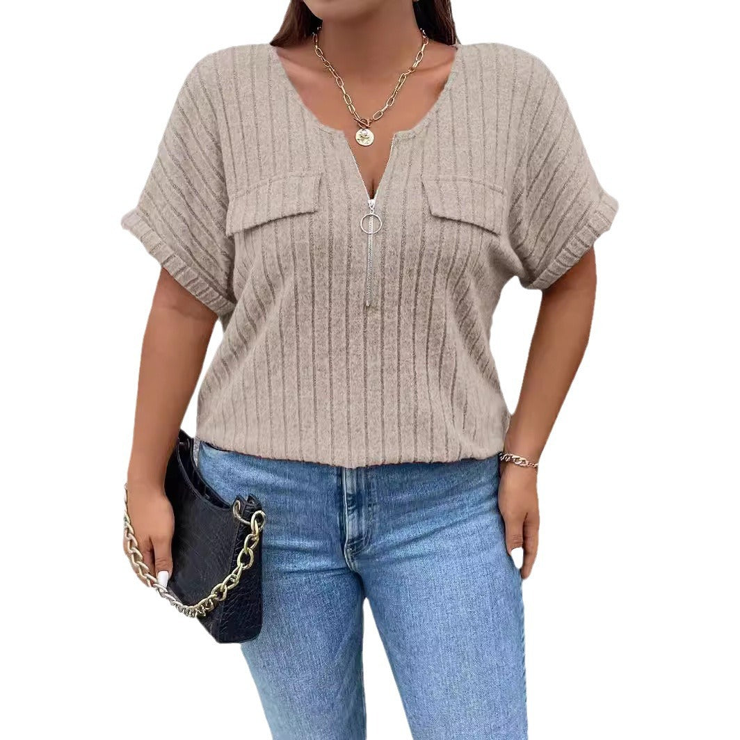 Women's Solid Color Clothes Zipper Sleeve Faux Pocket Pullover Tops