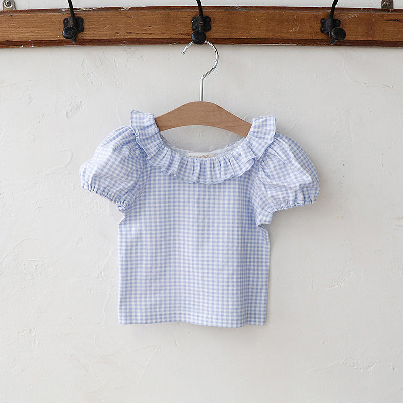 Summer Strawberry Shan Sweet Lady Plaid Round Neck Short Children's T-shirt