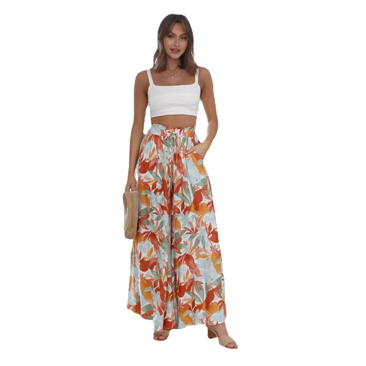 Women's Summer Printed Trousers Elastic Waistband Wide Leg High Casual Pants