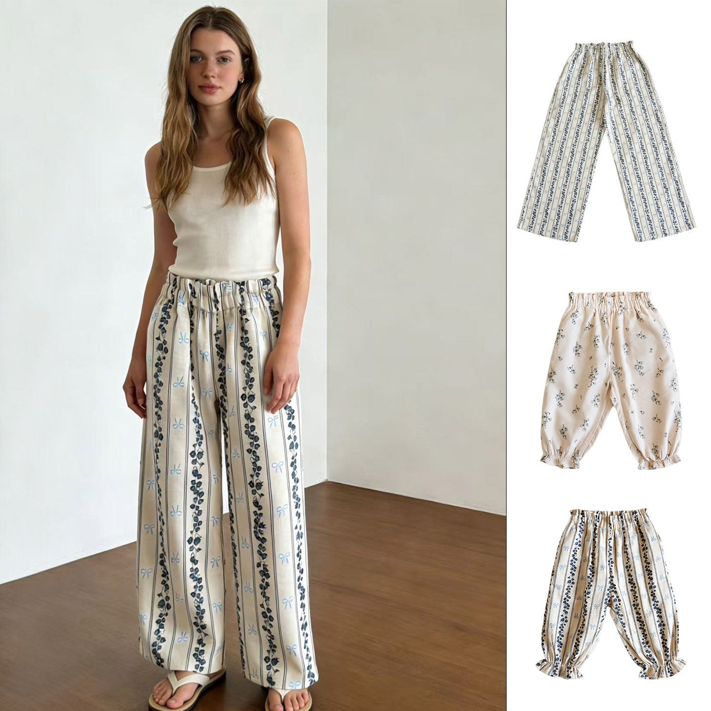 Striped Floral Bloomers Cotton Yarn Loose Trousers Home Can Be Children's Pants