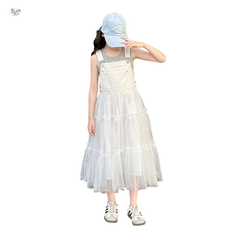 Mesh Suspender Skirt Outfit Summer Middle Big Korean Style Vest Children's Suit