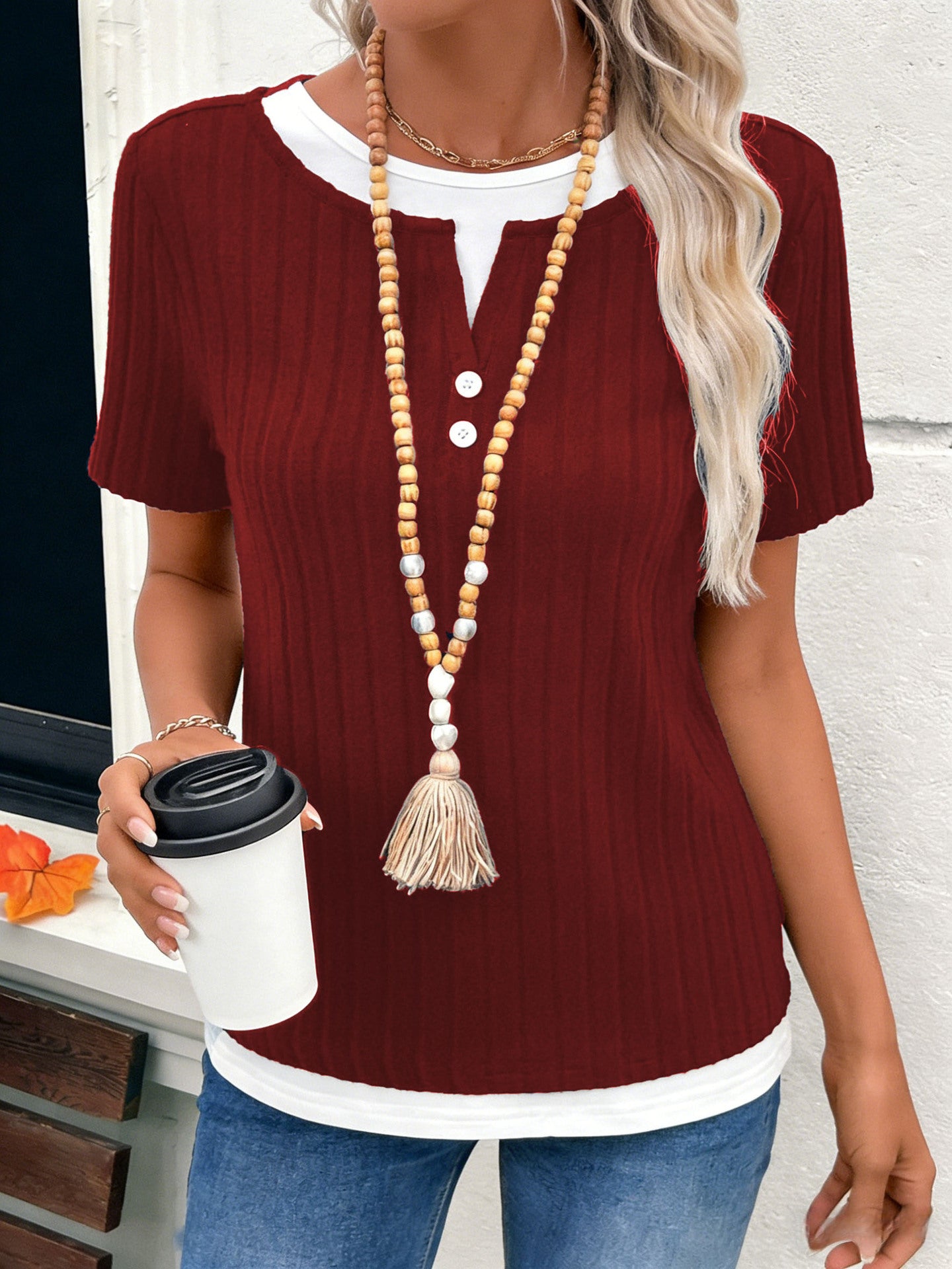 Women's Fake Two-piece Round Neck Button Pullover Shorts